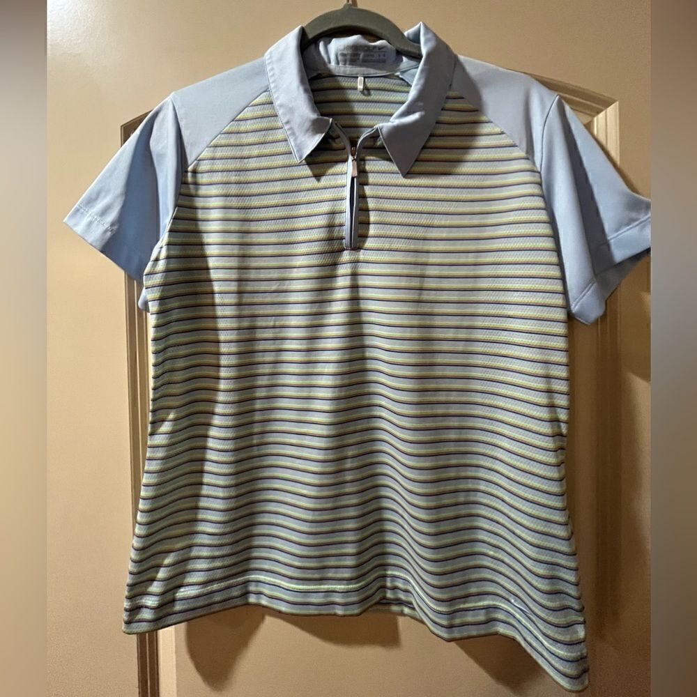 NIKE GOLF Short Sleeve Striped Golf Shirt Blue Neon Yellow Boy’s Large 12-14